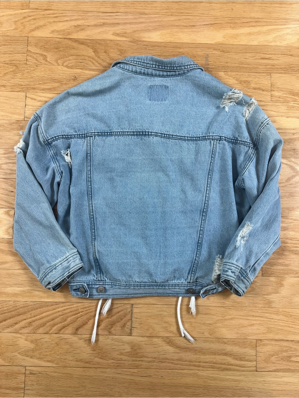 O&O Denimwear Corset Tie Light Wash Distressed Denim Jacket Size M - Picture 13 of 16
